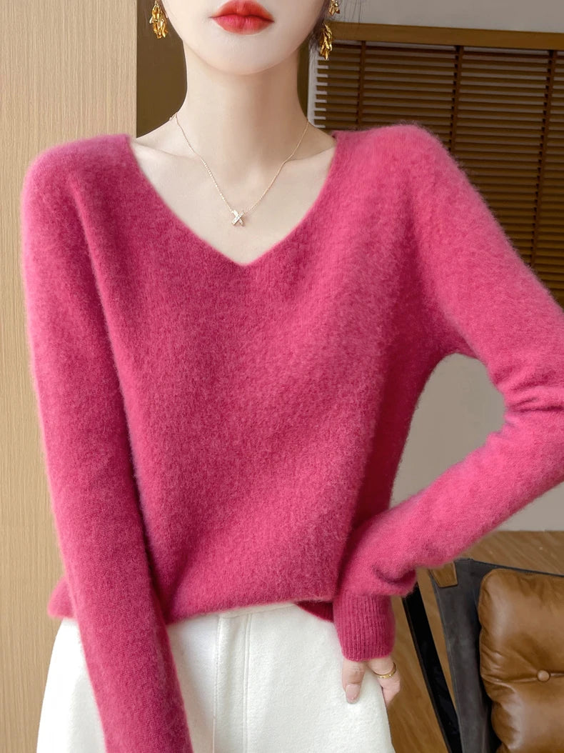Women 100 Percent Merino Wool V Neck Sweater Fall Winter Warm Pullover