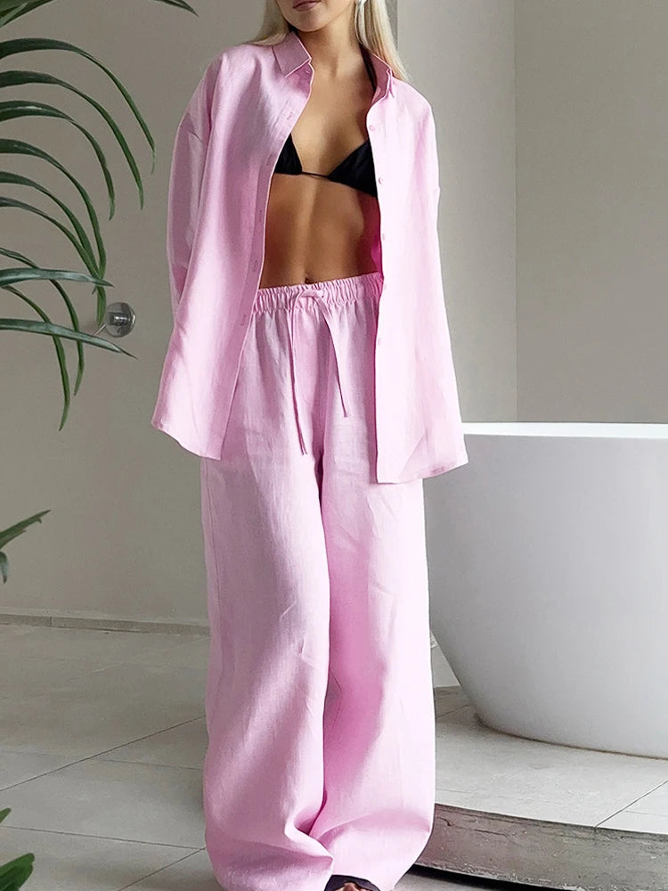 Women Long Sleeve T Shirts Wide Leg Pants Suit Single Breasted Blouses Elastic Waist Trousers 2 Piece Sets Solid Elegant Outfits