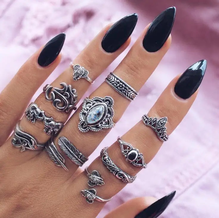12pcs/Set Fashion Elephant Knuckle Rings Set For Women Crystal Stone Feather finger Ring Female Boho Party Jewelry Gift