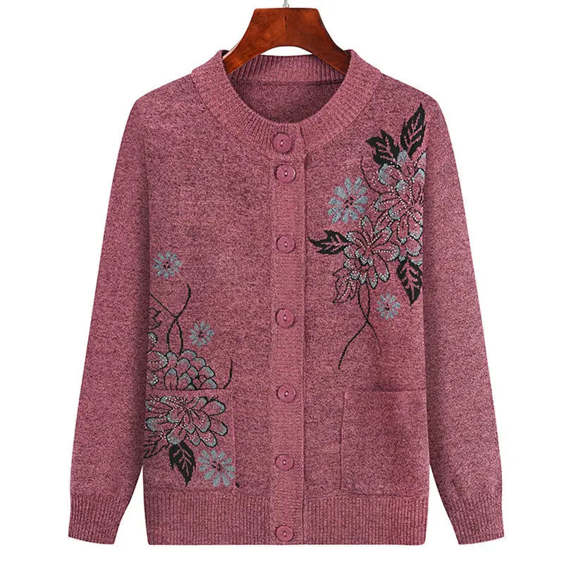 Grandma Embroidered Knit Cardigan Jacket Autumn Winter Loose O Neck Long Sleeve Pocket Sweater Coat Casual Female Outwear Tops