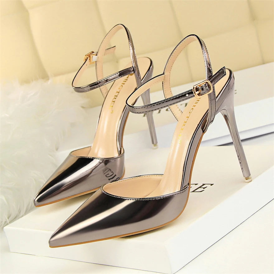 11 Colors Fashion Patent Leather Shallow Women Sandals 2025 Summer Pointy Toe Ankle Buckle High Heels Female Wedding Shoes Party