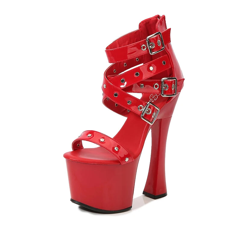 Summer Night Club Women Rivets Sandals 2021 New Thick High Heel Platform Lady Open Toe High Heels Fashion Belt Buckle Zip Shoes