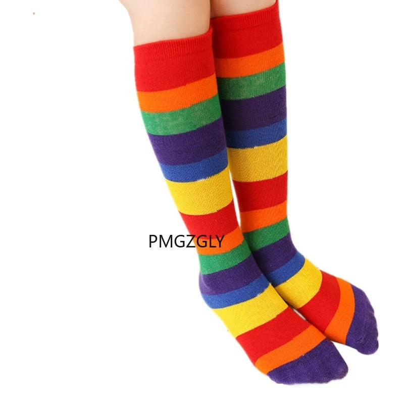 Children Socks Girls Socks Knee Casual Fashion Rainbow Striped Printing Knee Socks Kids Breathable Cotton Girl Socks