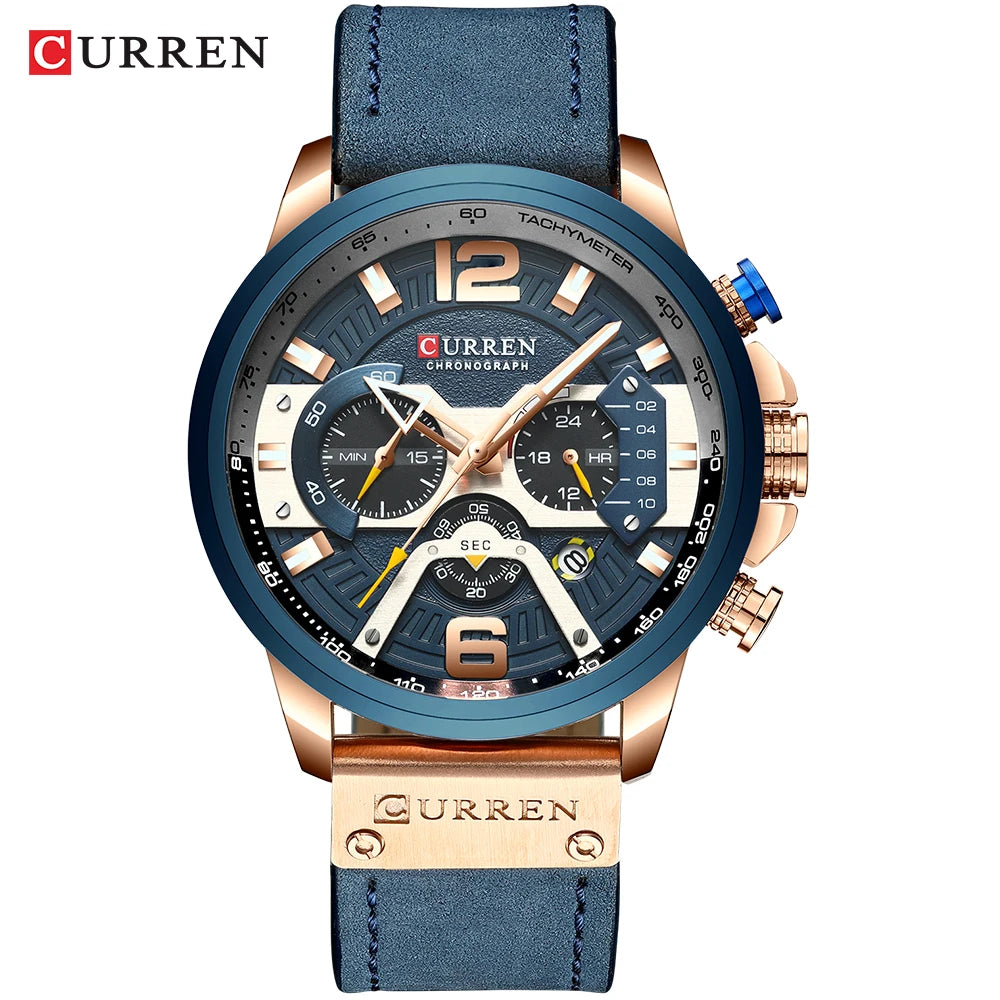 CURREN New Men's Casual Sports Chronograph Blue Top Brand Luxury Military Leather Watch Calendar Clock Relogio Masculino