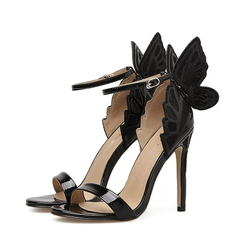 New Design Butterfly Wings Sandals Women Sexy Stiletto Patent Leather Party Dress Open Toe Buckle High Heels Platform Shoes Lady