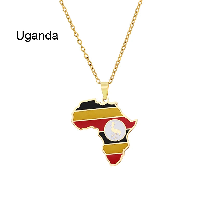 African Map Flag Pendant Necklace Stainless Steel Men Women Rwanda Sudan Uganda Zimbabwe Zambia Ethnic Maps Jewelry Gift