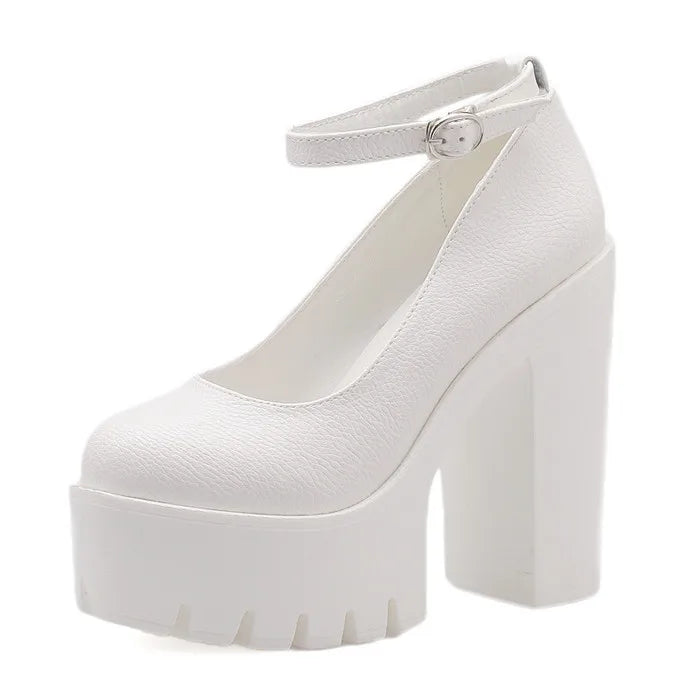 Gdgydh Women's Platform Chunky High Heels Ankle Buckle Strap Round Toe Non Slip Dress Pumps Mary Jane Lolita Pumps Punk Style