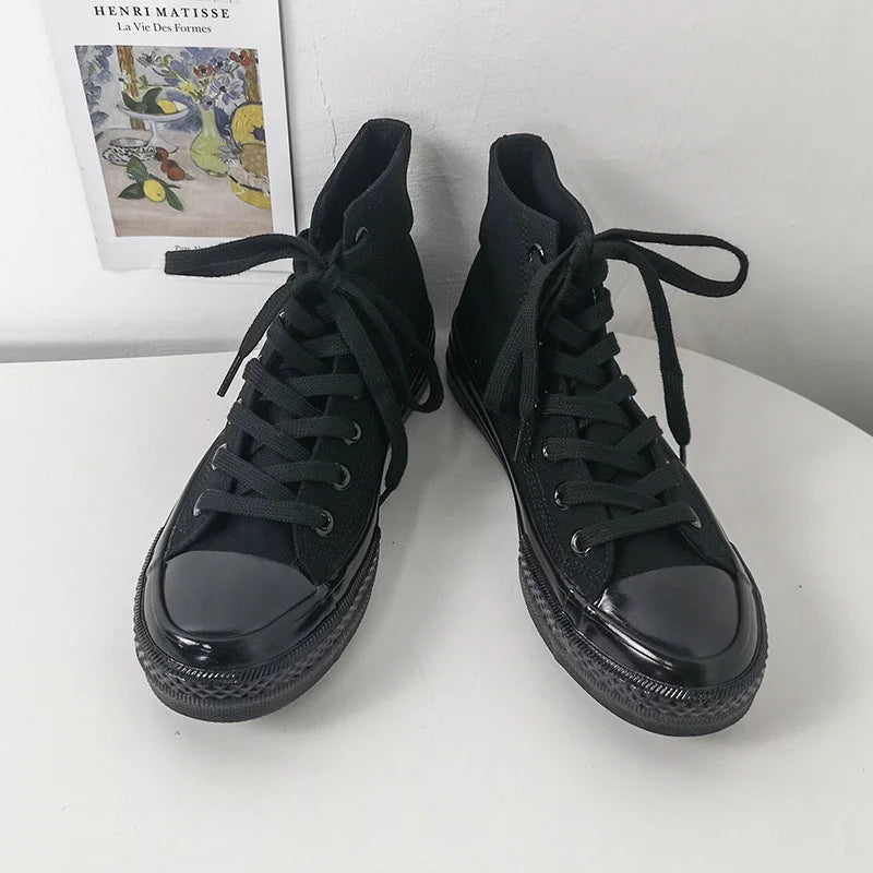 Classic Solid Black Unisex Canvas Shoes New Spring High-top Outdoor Casual Sneakers Comfortable Breathable Footwear 35-44
