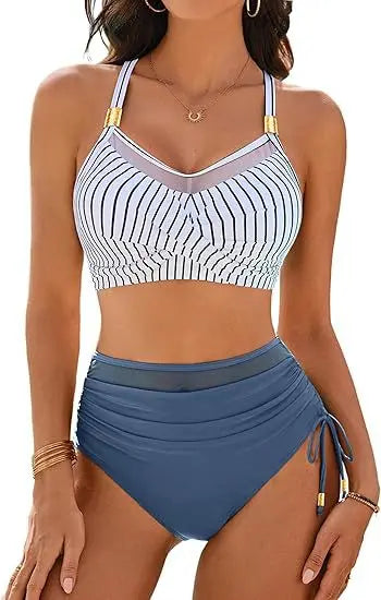 Sexy Two Piece Swimwear Womens High Wasited Bikini Sets Tummy Control Swimsuits Metal Slimming Bathing Suit Modest Beach Outfits