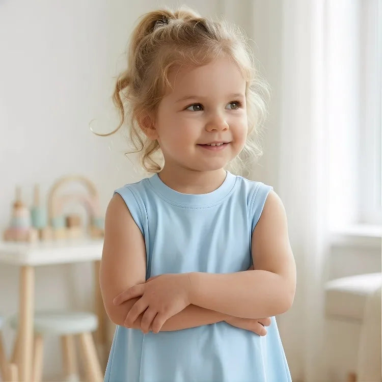Summer Children Casual Dress Fashion Sky Blue Girls O Neck T Shirt Dresses Kids Outdoor Beach Clothes New Style Sleeveless Dres