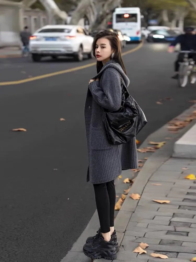 European hooded cardigan women's mid-length 100% cashmere sweater autumn and winter loose high-end lazy wind sweater coat
