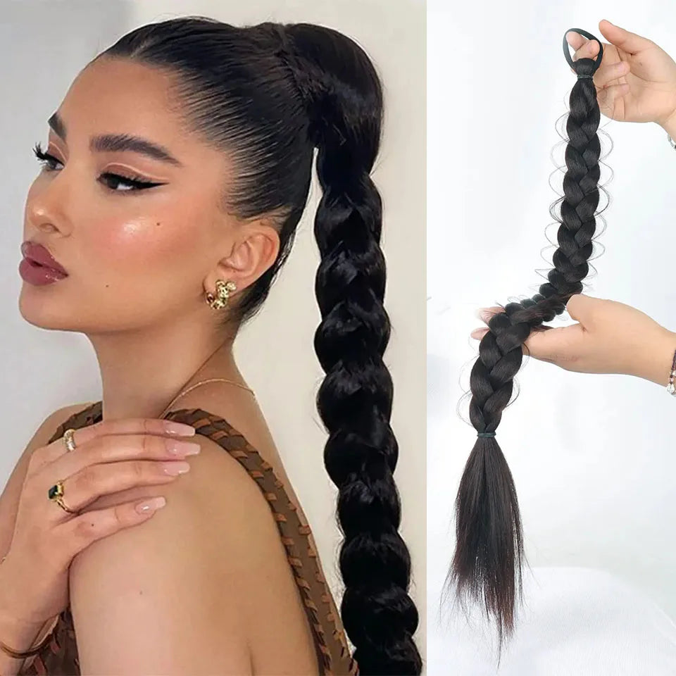 Synthetic Braided Ponytail Hair Extension With Rubber Band Boxing Braids For Women Hair Accessories 24Inch Long Black Braids