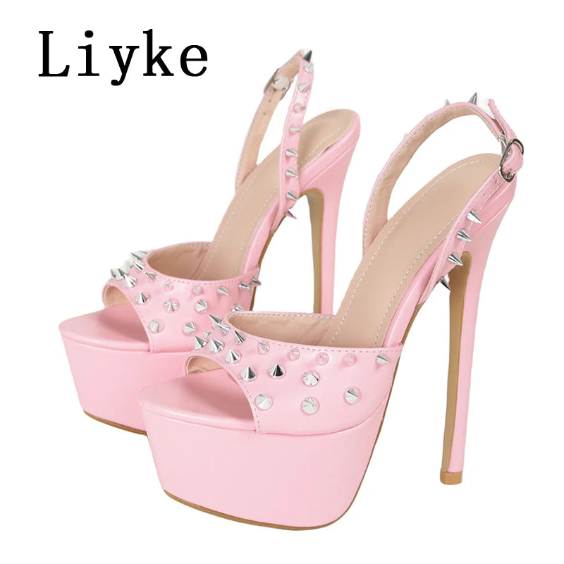 Liyke Brand Design Metal Rivet Open Toe Pink High Heels Platform Sandals For Women Summer Fashion Back Strap Party Dress Shoes