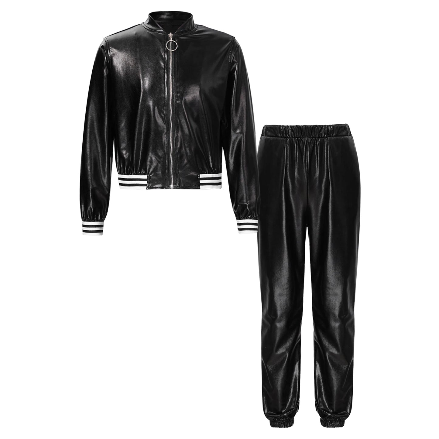 Kids Girls Sports Outfits Jazz Hip Hop Street Dance Costume Shiny Metallic Long Sleeves Bomber Jacket Coat with Pants Streetwear