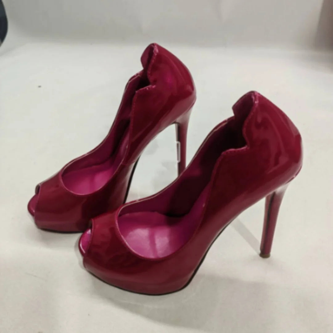 Peep Toe Apricot Color Patent Leather Women’s Pumps Platform Stiletto Super High Heels Slip On Red Sole Single Shoes Female 202