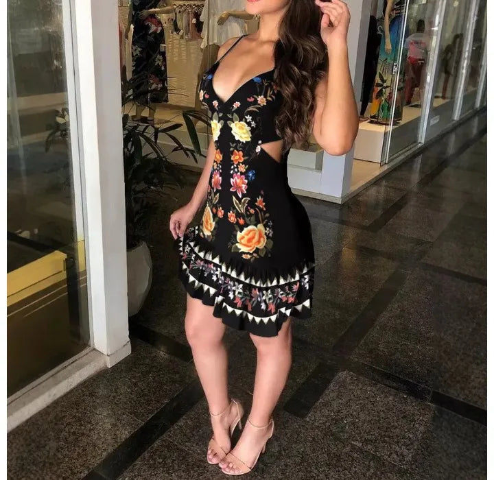 Sexy Dress for Women New Fashion 2024 Summer Elegant Hollow Suspender V-Neck Exposed Waist Printed Dresses Casual Short Skirt