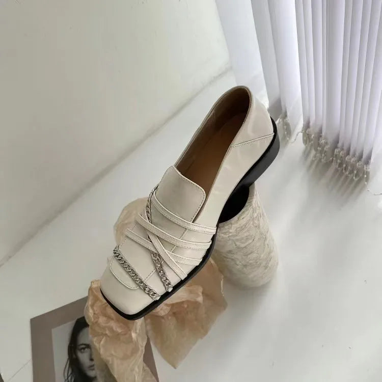 Dilalula 2025 Luxury Genuine Leather Loafers Womens Autum Spring Low Thick Heels Chain Pumps Female Leisure Natural Leather