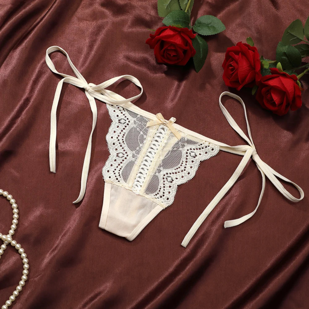 Detachable And Adjustable Waistband Lace Trim Underwear Women Sexy Low Waist Perspective Temptation Thong Bow Lingerie