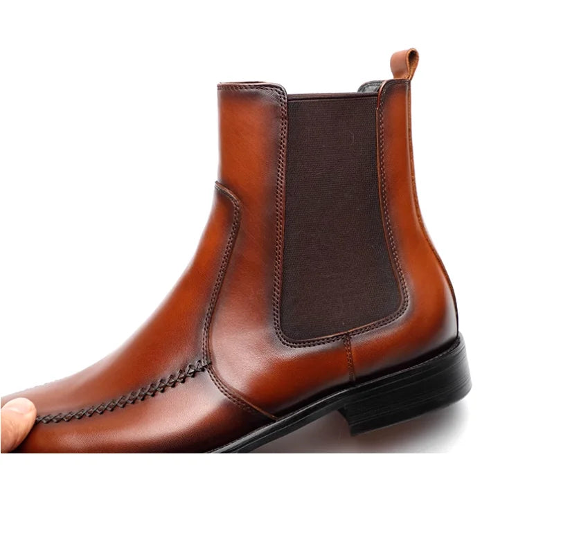 New men's Chelsea boots, youth British pointed leather shoes, vintage sleeve cowhide men's short boots.