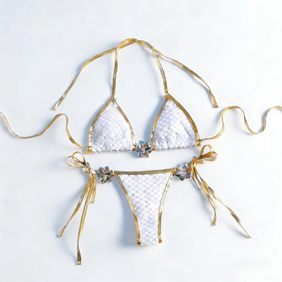 New Sexy Women Bordered Bikini Set Western Style Tie Side Swimsuit Metal Rings Adjustable Bandeau Two Piece Bathing Suit