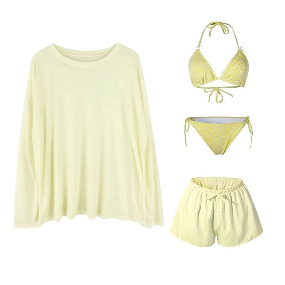 Casual Lace-up Women's Swimwear Set Mesh Transparent Beachwear 4Pieces Bikini Swimsuit Sun Protection Loose Bathing Suit Party