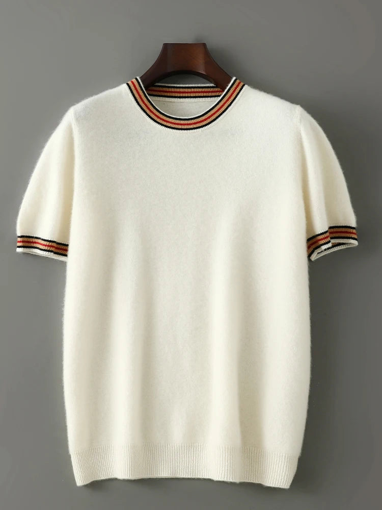 2026 Summer New Fashion O-Neck 100% Wool Knit Short Sleeve Spliced Business Casual T-Shirts Men's Clothing Loose England Tees