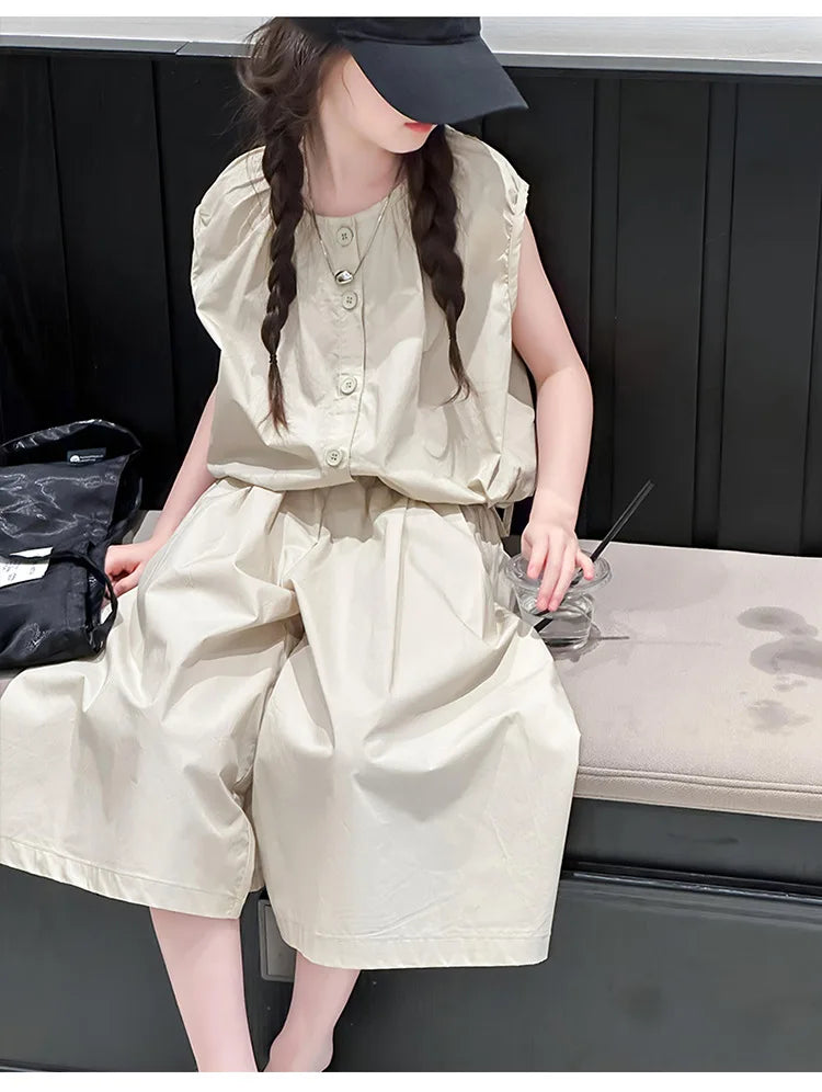 2025 Girls Summer Casual Outfit Big Kids Short Sleeve Top Capris Pants Two Piece Set Matching Big Kids Fashion Suit Holiday Wear