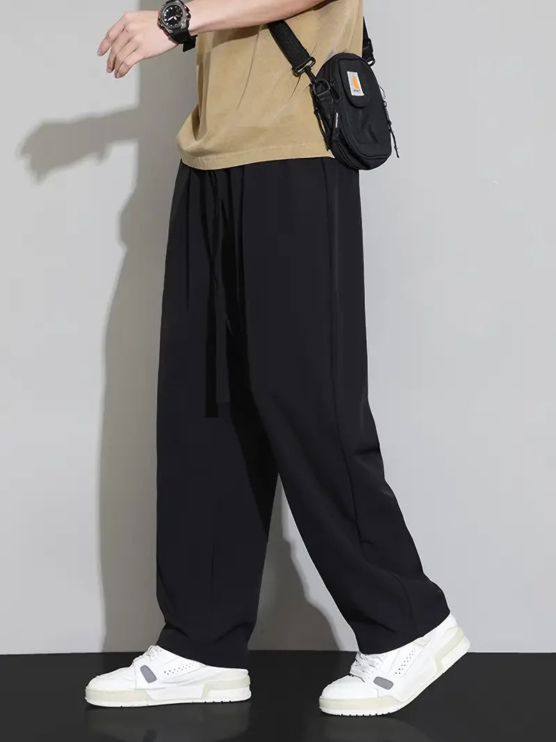 Summer New Arrival Men's Ice Silk Wide Leg Pants - Black Lightweight Breathable Quick-Dry Long Trousers (Cross-Border Exclusive)