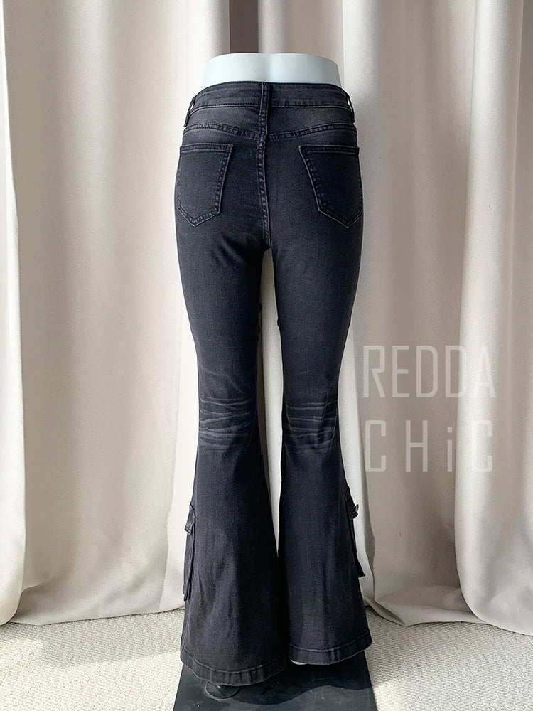 REDDACHiC Black Low Waist Cargo Jeans 2000s Distressed Whiskers Multi-pocket Stretch Bootcut Pants Women Retro Grunge Streetwear