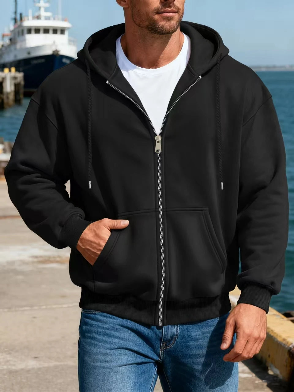 Men's Comfortable Fleece Hooded Sweatshirt Zipper Jacket Sports Shirt Long Sleeved Sweatshirt Autumn and Winter Hooded Coat BAZAARHUBO