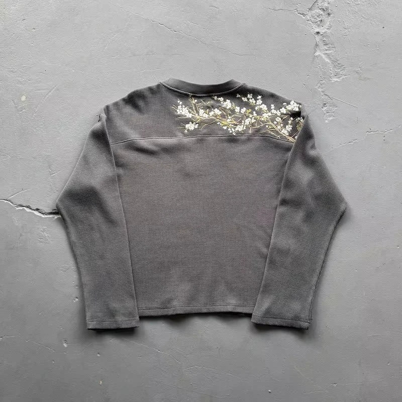 Deeptown White Cherry Blossom Embroidery Man Women T-Shirts Long Sleeve Oversized Waffle Tees Basic Harajuku Casual Streetwear