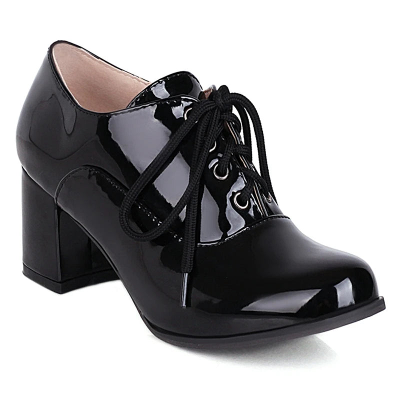 Women's Purple High Heels Loafer Shoes Fashion Lace-up Black White Block Heeled Party Wedding Office Shoes Female Big Size 45