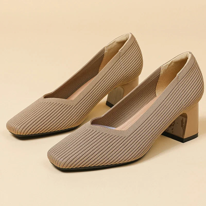 Shoes Woman High Heels Comfortable Square Knitted Breathable Comfortable Women's Flats Shoes (5cm High) 2025 New Collection