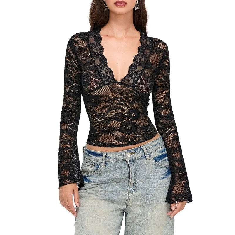 Xingqing Aesthetic Lace Top Women Sexy Clothing See Through Deep V Neck Flared Long Sleeve T Shirts Party Clothes Clubwear