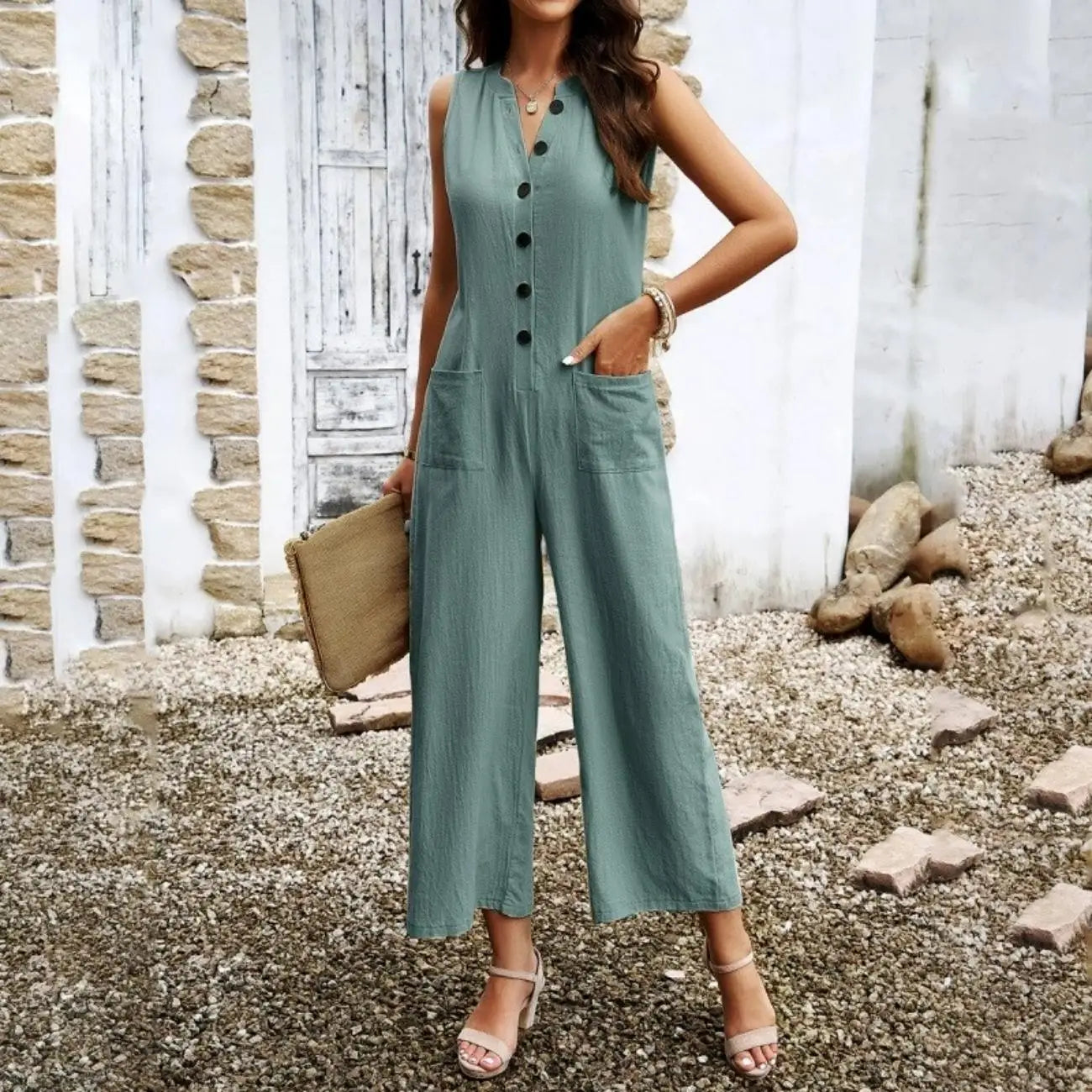 2025 One Pieces Jumpsuit Woman Deep V-Neck Pockets no Sleeves Wide Leg Long Pant Rompers Outfit for Women Resort to Office Wear