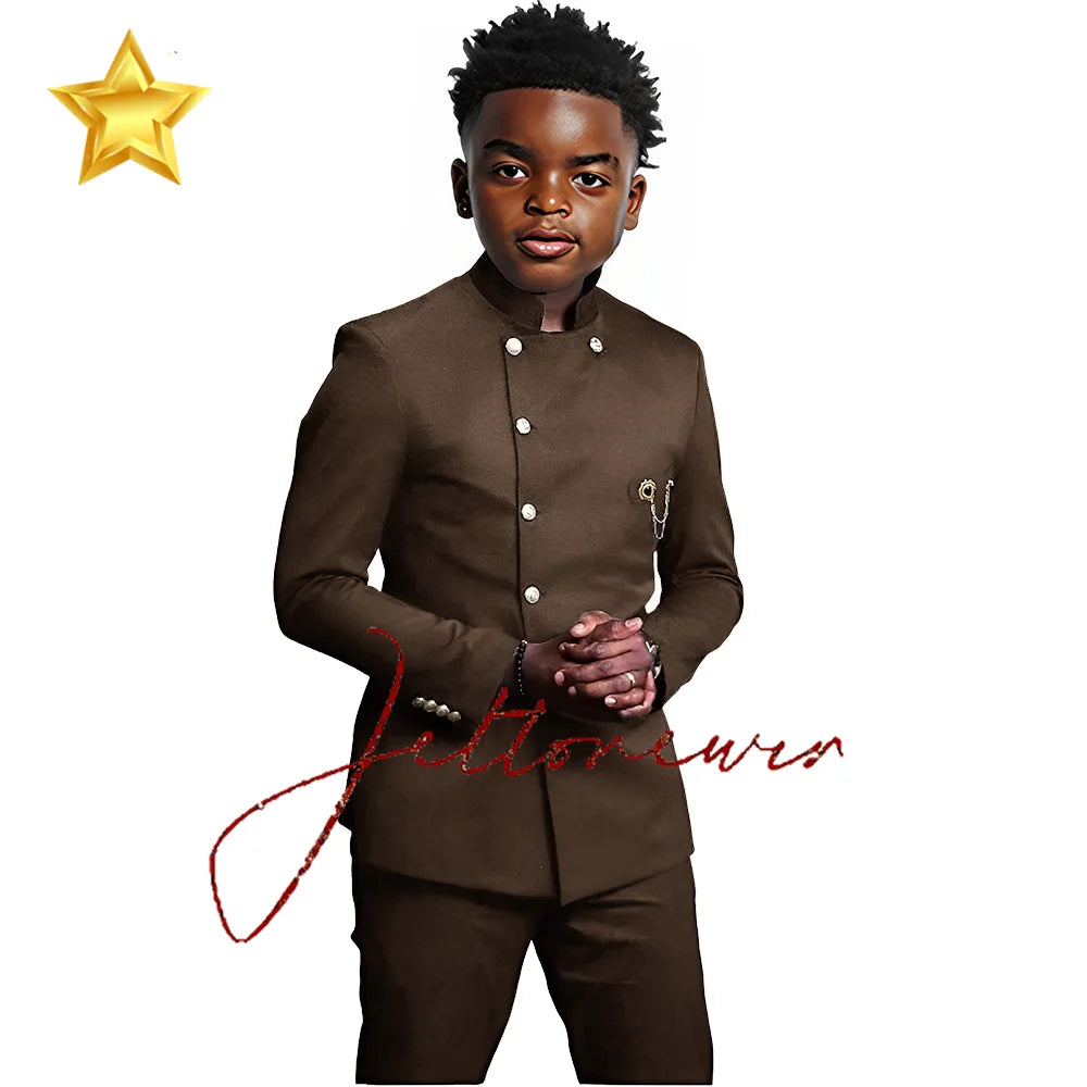 Elegant African Style Boy's Suit Stand Collar Blazer and Pants 2 Piece Casual Business Kids Wear