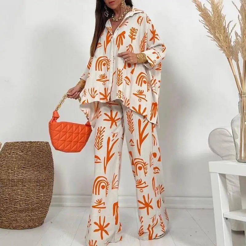 Summer Fashion New Printed Women's Set Printed Pattern Flip Collar Open Single Breasted Top Wide Leg Pants Elegant Two Piece Set