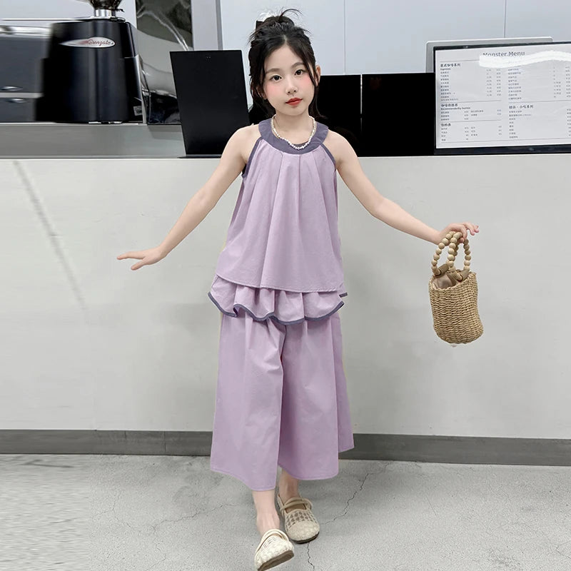 Girls Summer Casual Loose Skirt Pants Set Two Piece Outfit Big Kids Fashion Children's Clothing Set Comfortable