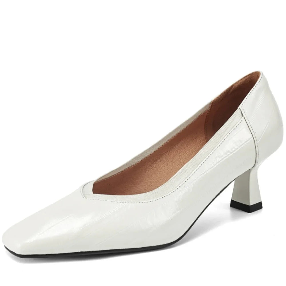 【JOCHEBED HU】Brand Genuine Leather Square Toe Women Pumps Slip Mid Heels Solid Color Dress Party Spring Autumn Shoes Handmade