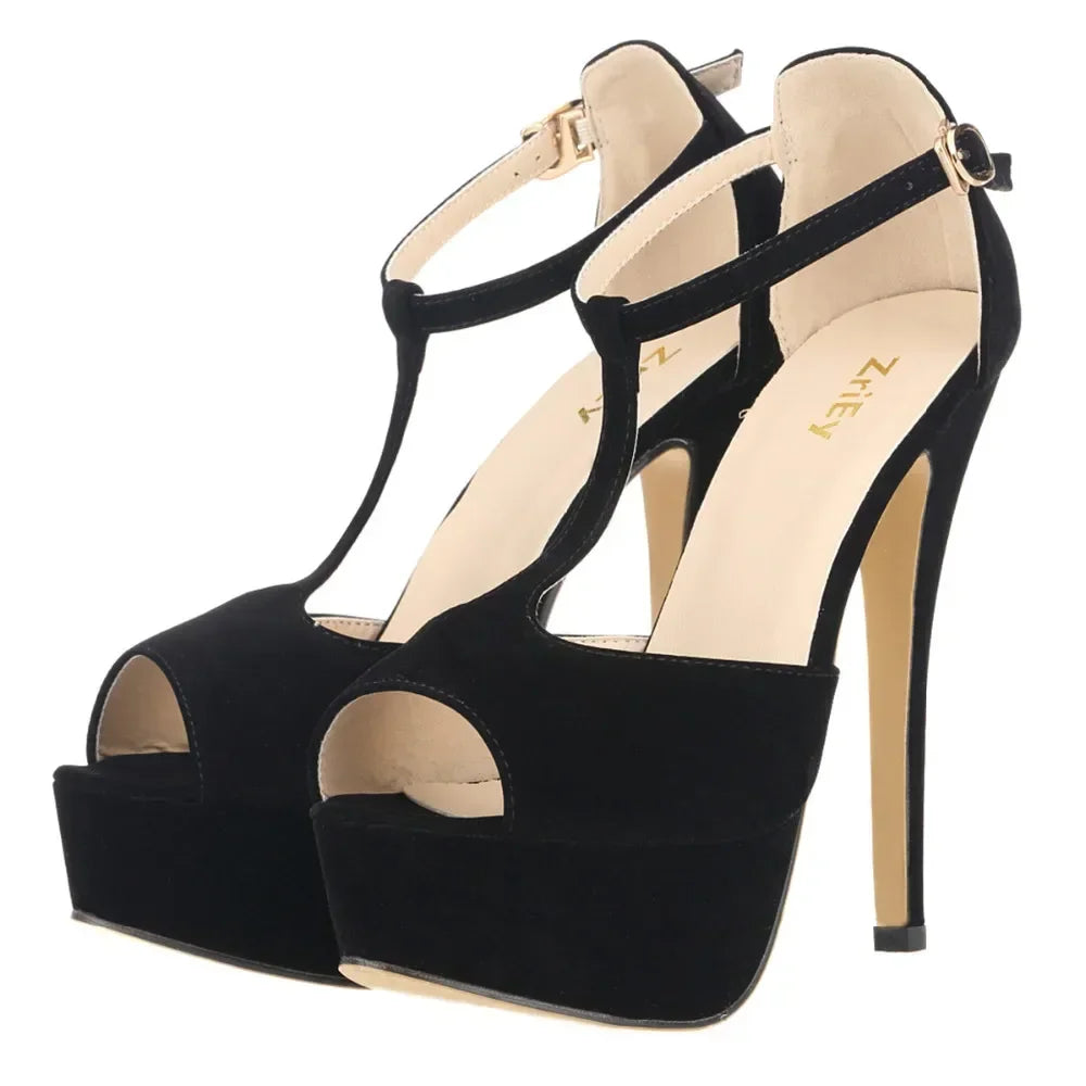 2026 New Women Platform Suede High Heels Sandals 14CM Sexy Peep Toe Ankle Strap Stilettos Pumps T-Strap Party Wedding Shoes