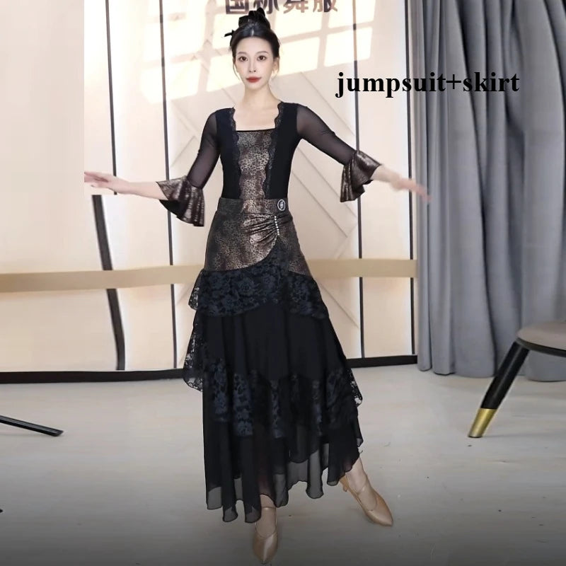 Women New Ballroom Dance Competition Clothing Black Long Sleeve Top Big Swing Skirt Suit Waltz Foxtrot Tango Modern Dance Dress