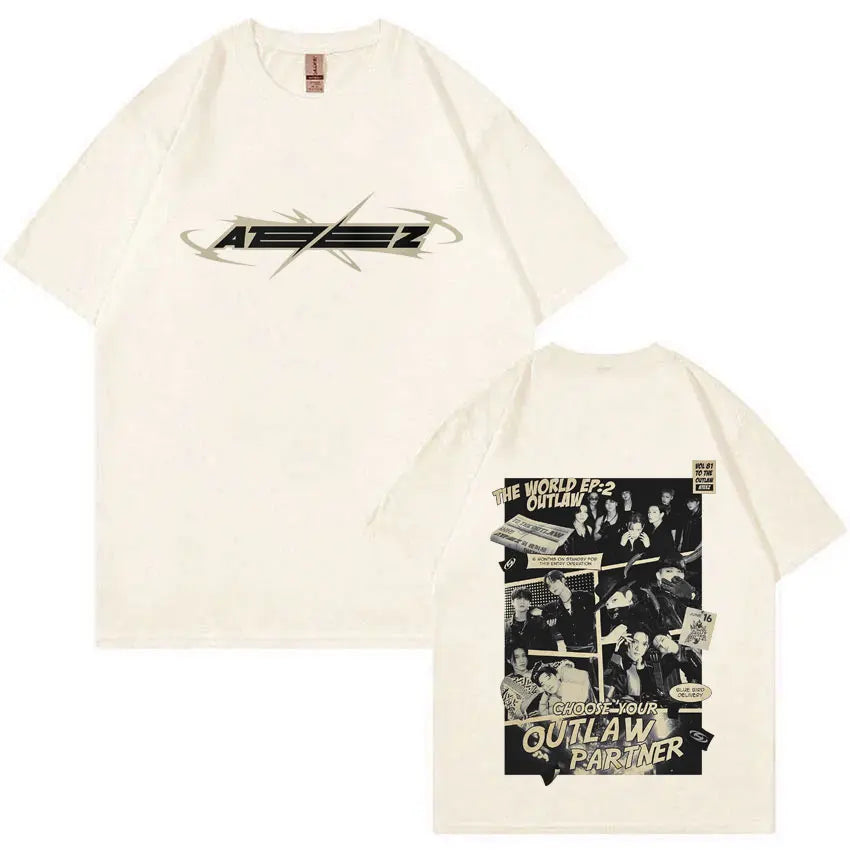Hot Korean Kpop ATEEZ The World Ep: 2 Outlaw T-shirt 2025 World Tour Towards The Light Will To Power Tshirt Male Fashion Tees