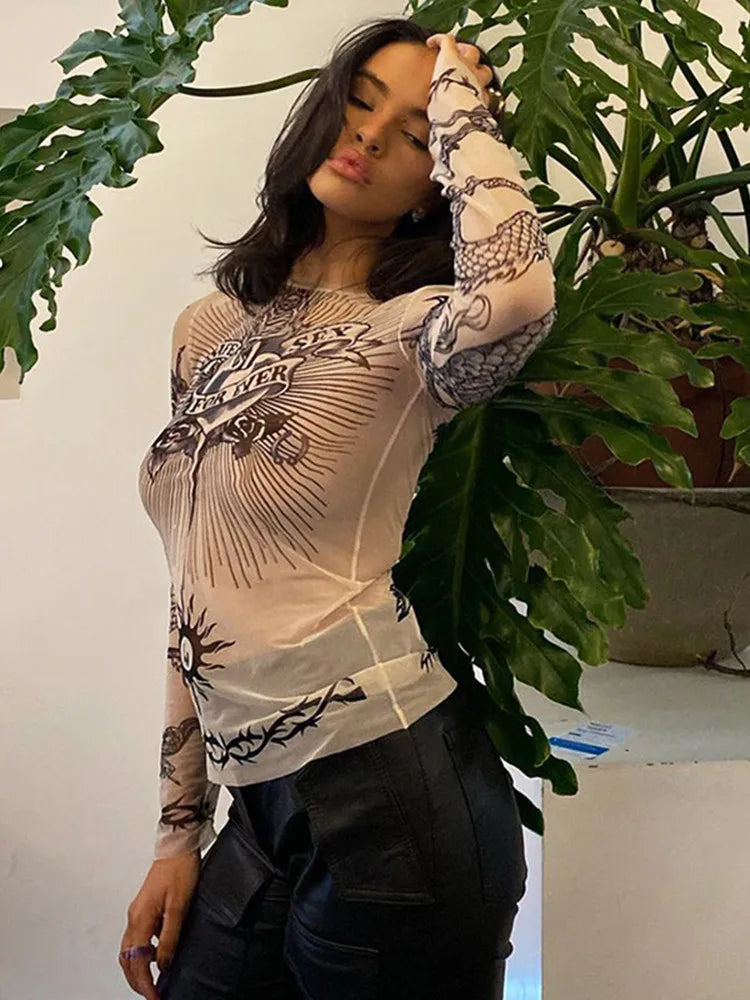 Y2k Aesthetic Punk Clothes Graphic Tees Women Gothic Fashion Full Sleeve Woman Tshirts See Through Streetwear Egirl Tops T Shirt