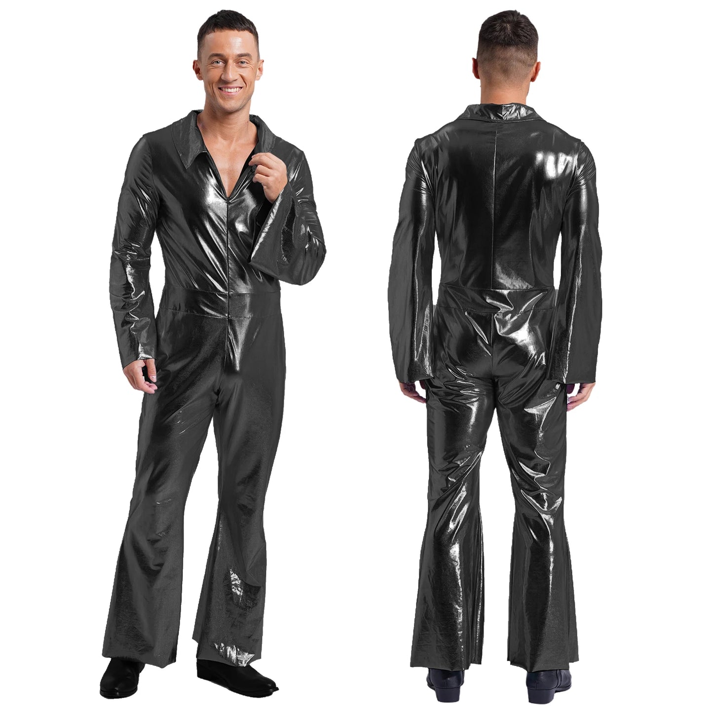 Mens 70s Disco Hippies Jazz Dance Performance Costume Metallic Shiny Unitards Jumpsuit Wide Leg Pants Rompers Vintage Clubwear