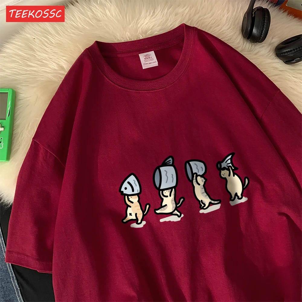 Four Little Cats Holding Fishcotton Women T-Shirts Cartoons Prints T Shirts Soft O-Neck Loose Short Sleeve Tops Summer Clothes