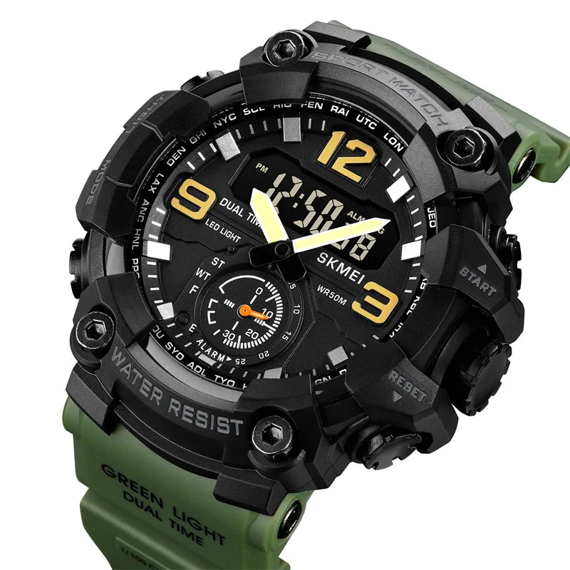 Skmei Men's Military Sport's Wristwatch Fashion Big Size Dial Quartz Analog Three Time Zone Male Led Waterproof Stop Watches