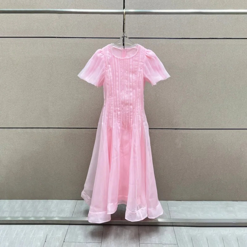 Summer 2025 Women's round NeckDouble Layer FabricHeavy Work Short Sleeve Dress Y2K High Quality Fashion High Street A-Line Skirt