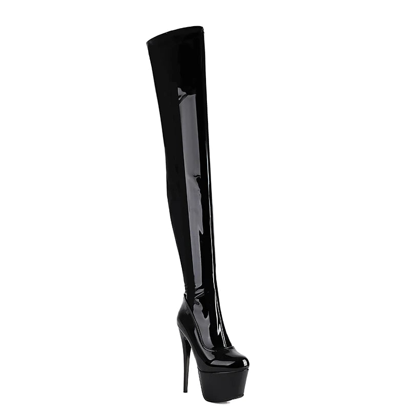 Plus Size Glossy Patent Leather High Platform Super High Thick Heel Over The Knee Boots Matte PU Zipper Warm Inside Long Boots