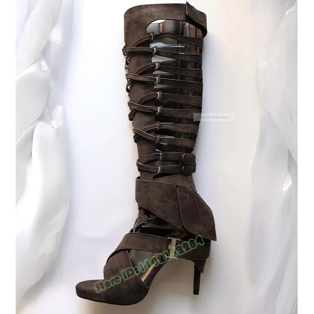 Hollow Straps Buckles Sandals Open Toe Solid Knee High Sandals Stiletto Heels Summer Women Sexy Shoes Party Casual Designer Shoe