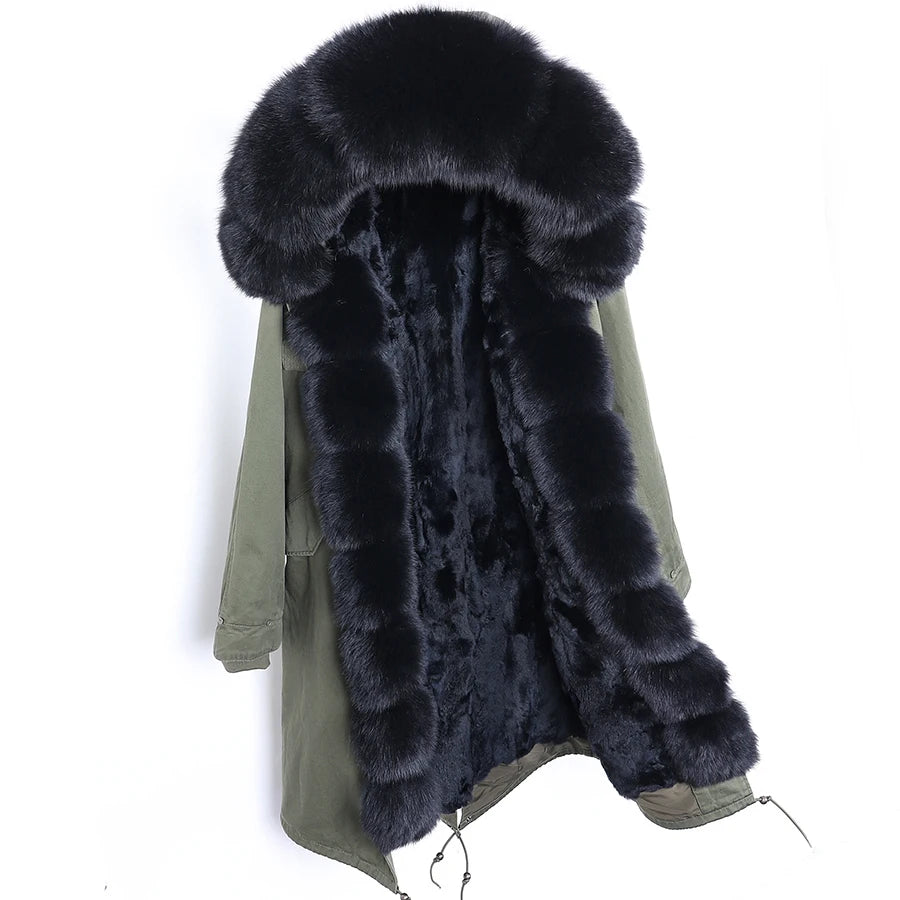 Maomaokong Winter Woman Natural Fur Overcoat Plus Size Black Parkas Raccoon Real Fur Lining Extra Larg Warm Jacket Coats Long